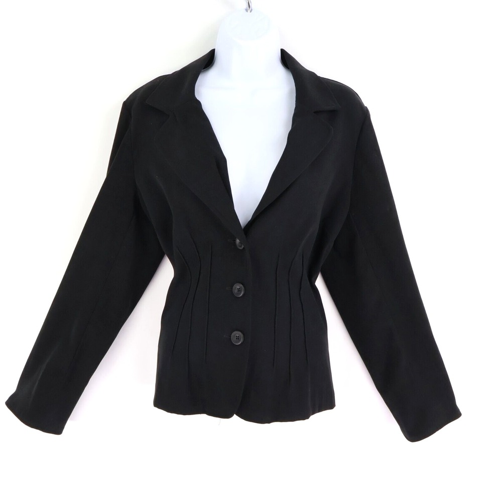 Notations Blazer Jacket Womens Sz L Black Polyester Blend Lined 3 Front Buttons